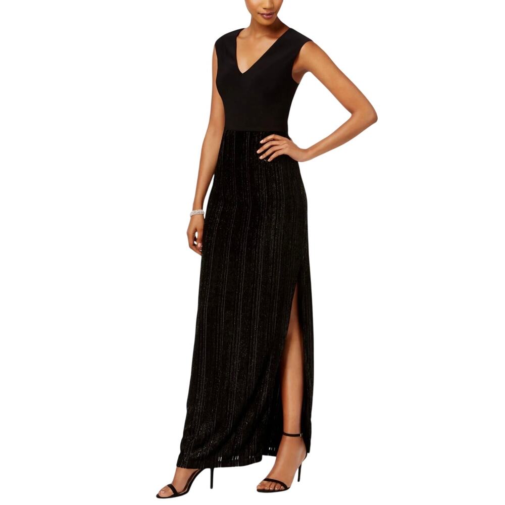 Adrianna Papell Black Evening Gown Metallic Jersey Velvet Column Dress Size 8P